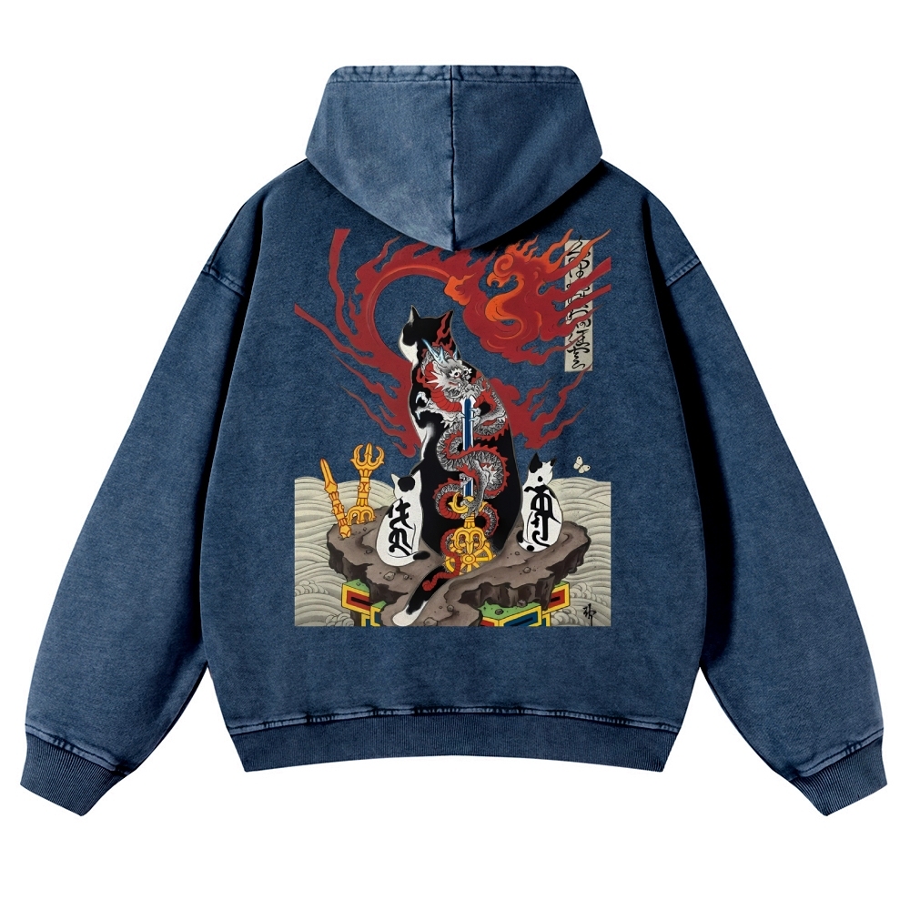 Loong Tattoo Cat Vintage Washed Hoodie-moweekender