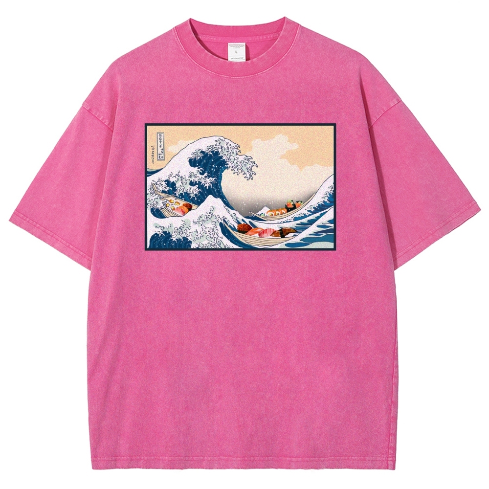 Sushi Ship Wave Ukiyoe Washed Vintage Short Sleeves T-Shirt-moweekender