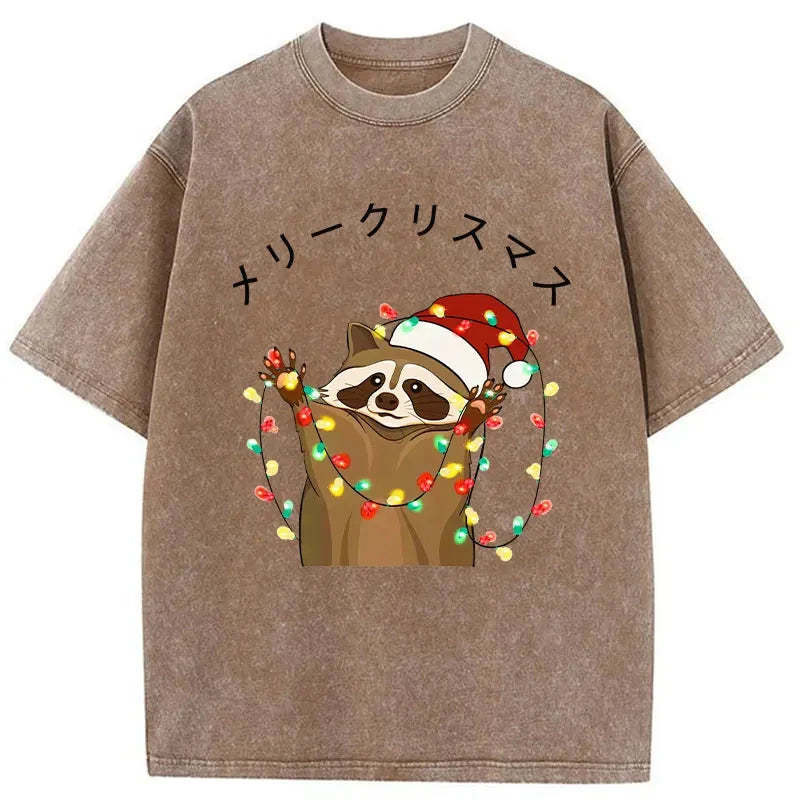 Raccoon Christmas Washed Vintage T-Shirt-moweekender