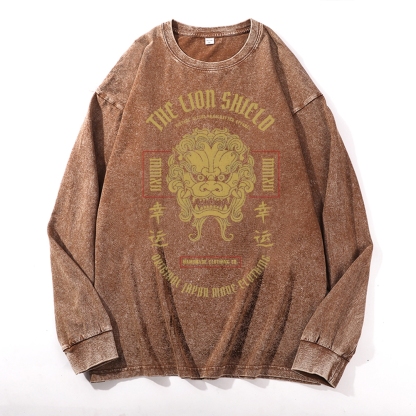 Lucky Lion Pattern Deep Washed Vintage Long Sleeves T-Shirt-moweekender