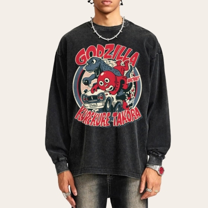 Godzilla Cartoon Pattern Deep Washed Vintage Long Sleeves T-Shirt-moweekender