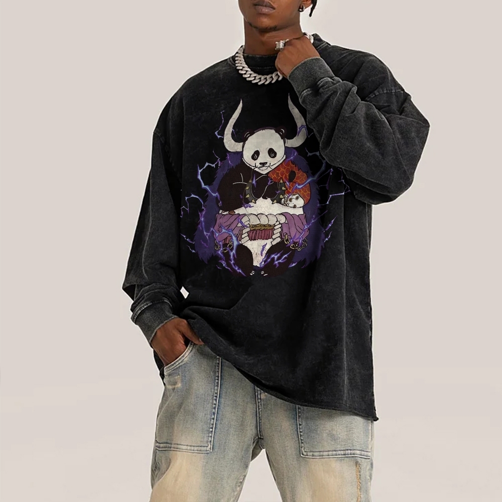 Panda Demon Pattern Deep Washed Vintage Long Sleeves T-Shirt-moweekender
