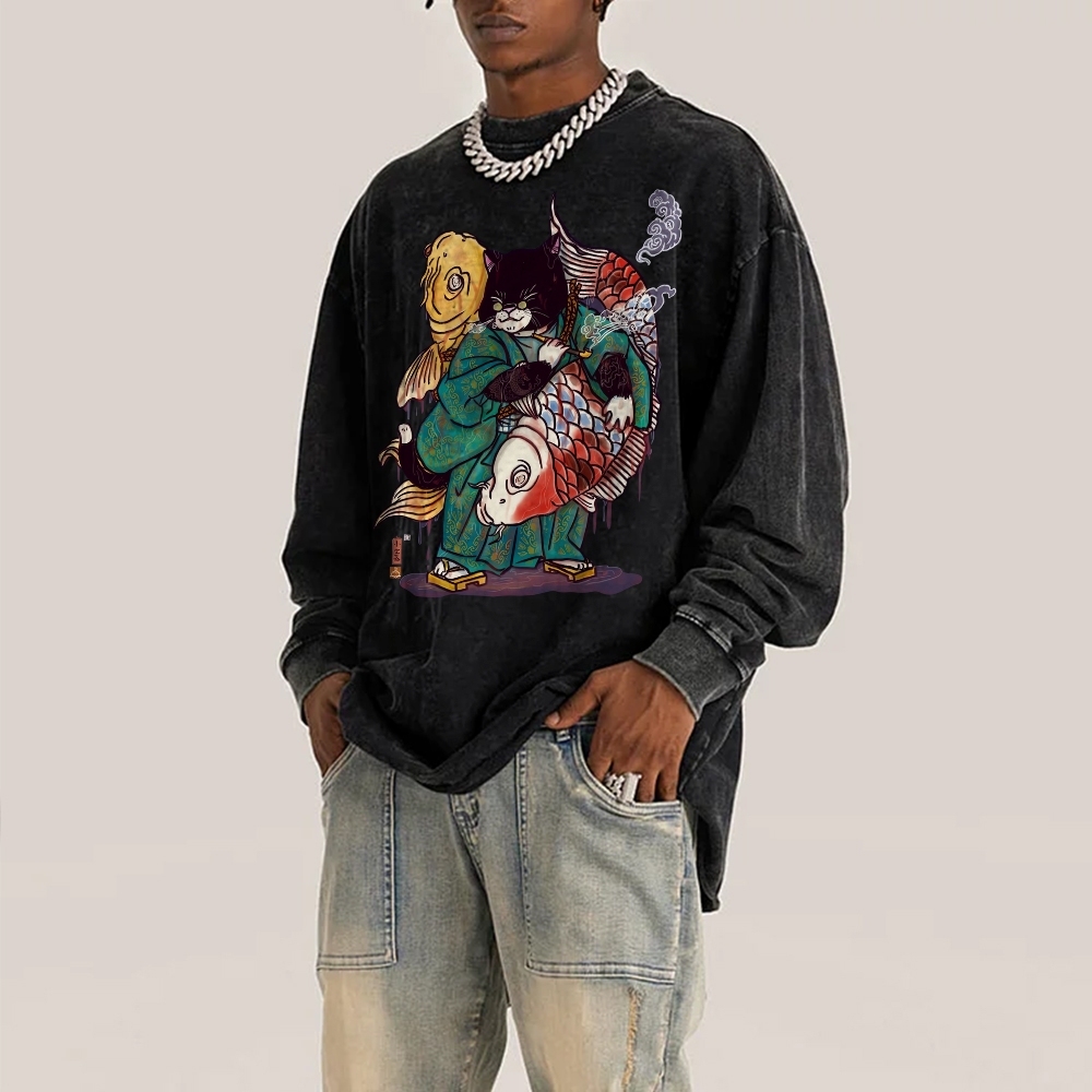 Big Fish Cat Deep Washed Vintage Long Sleeves T-Shirt-moweekender