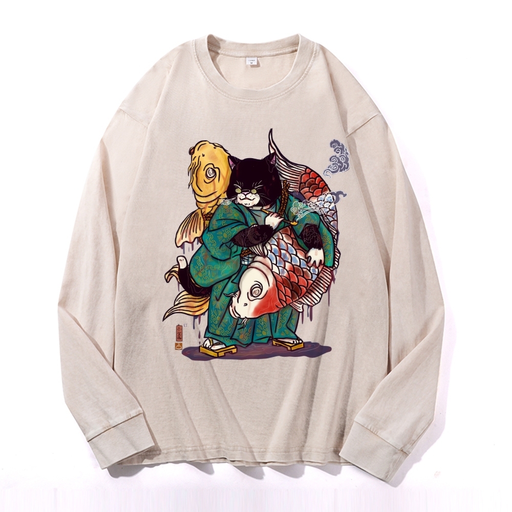 Big Fish Cat Deep Washed Vintage Long Sleeves T-Shirt-moweekender