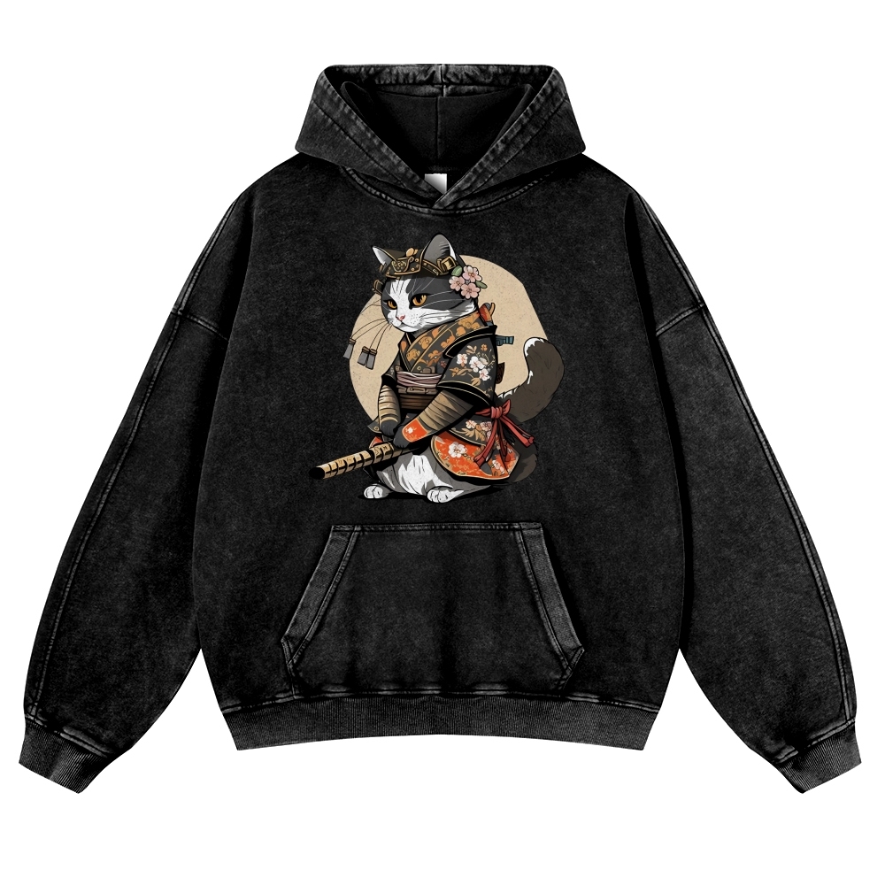 Warrior Cat Printed Vintage Washed Hoodie-moweekender