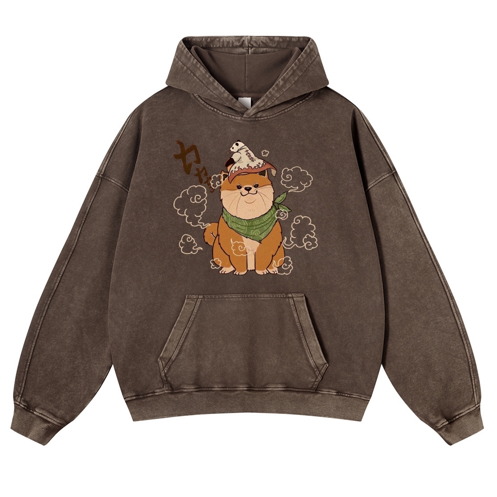 Japanese Panda Shiba Inu Pattern Vintage Washed Hoodie-moweekender