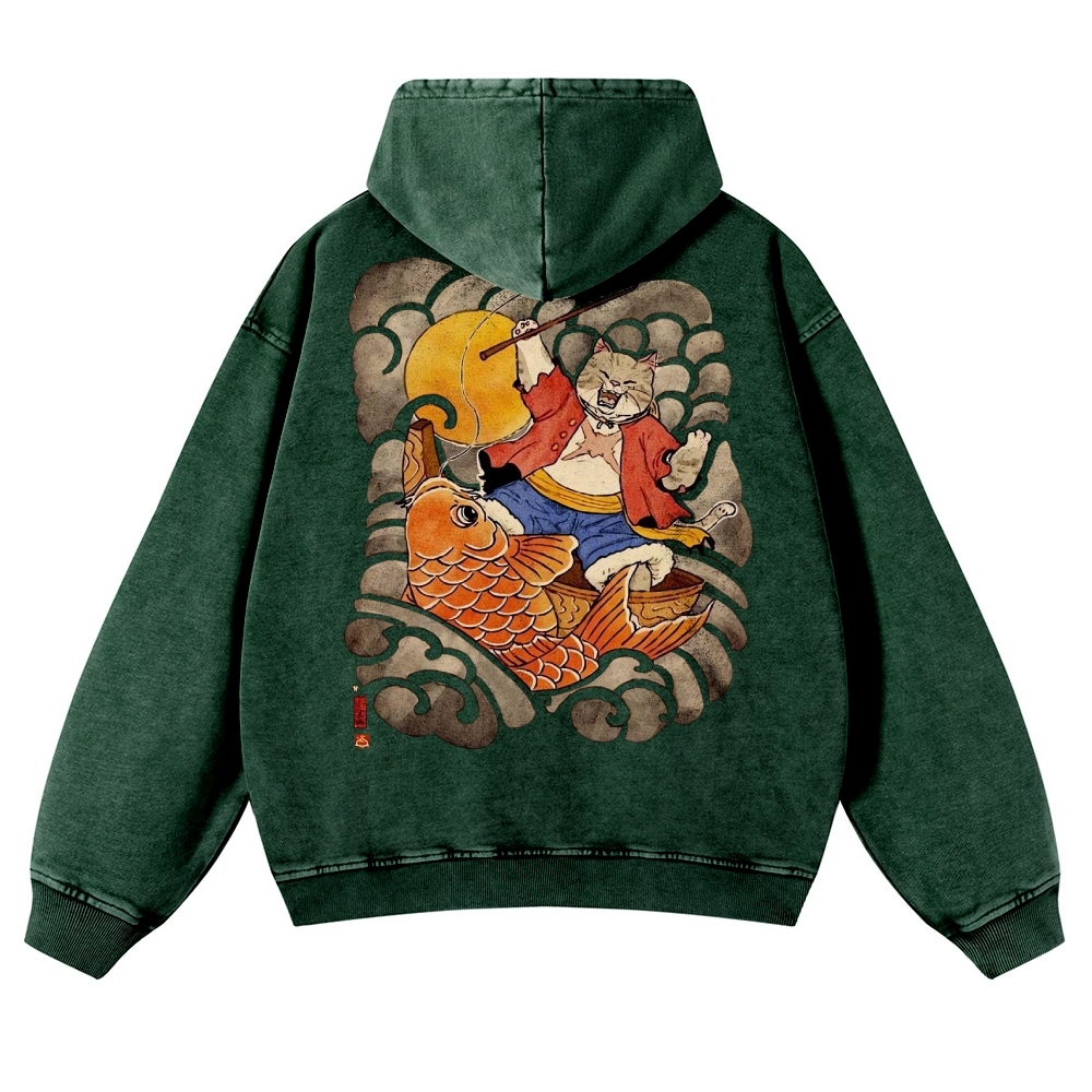 Carp Cat Ukiyoe Casual Vintage Washed Hoodie-moweekender