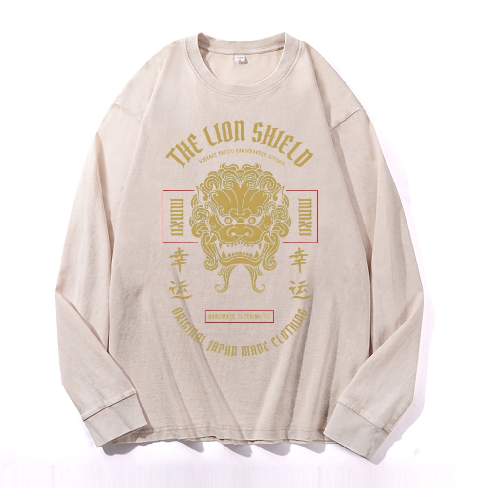 Lucky Lion Pattern Deep Washed Vintage Long Sleeves T-Shirt-moweekender