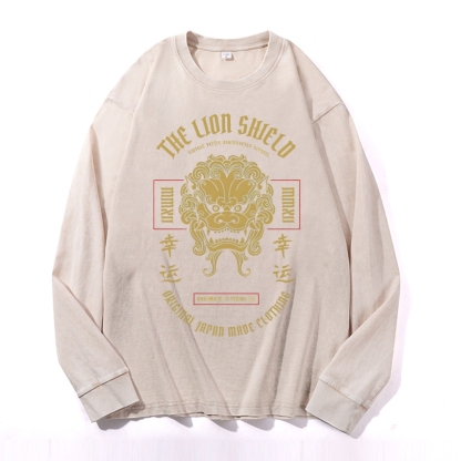 Lucky Lion Pattern Deep Washed Vintage Long Sleeves T-Shirt-moweekender