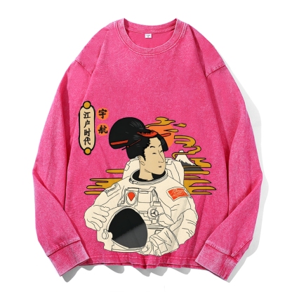 Japanese Spaceman Ukiyoe Deep Washed Vintage Long Sleeves T-Shirt-moweekender