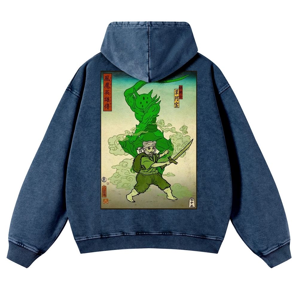 Hero Story Pattern Printed Vintage Washed Hoodie-moweekender