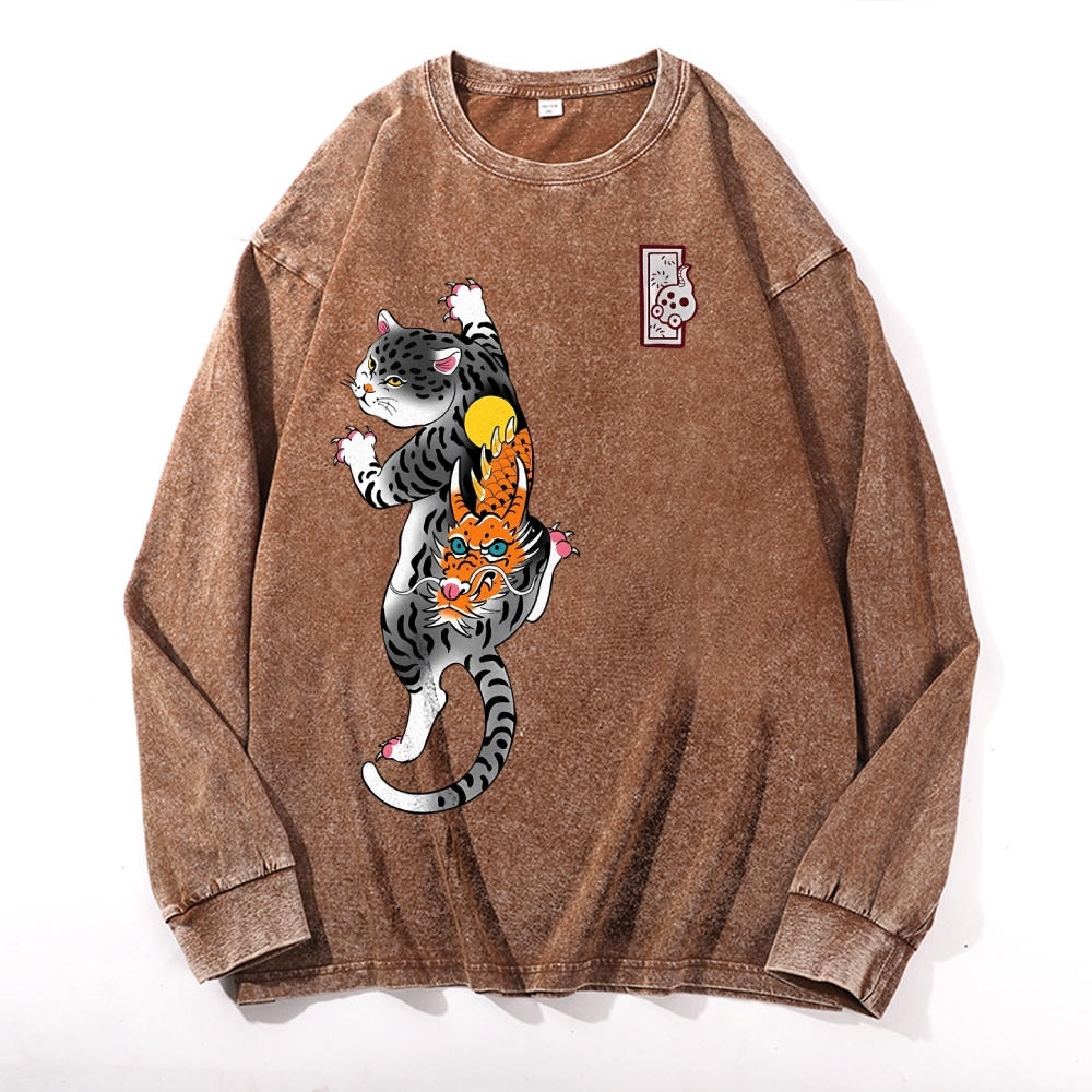 Loong Leopard Cat Pattern Deep Washed Vintage Long Sleeves T-Shirt-moweekender