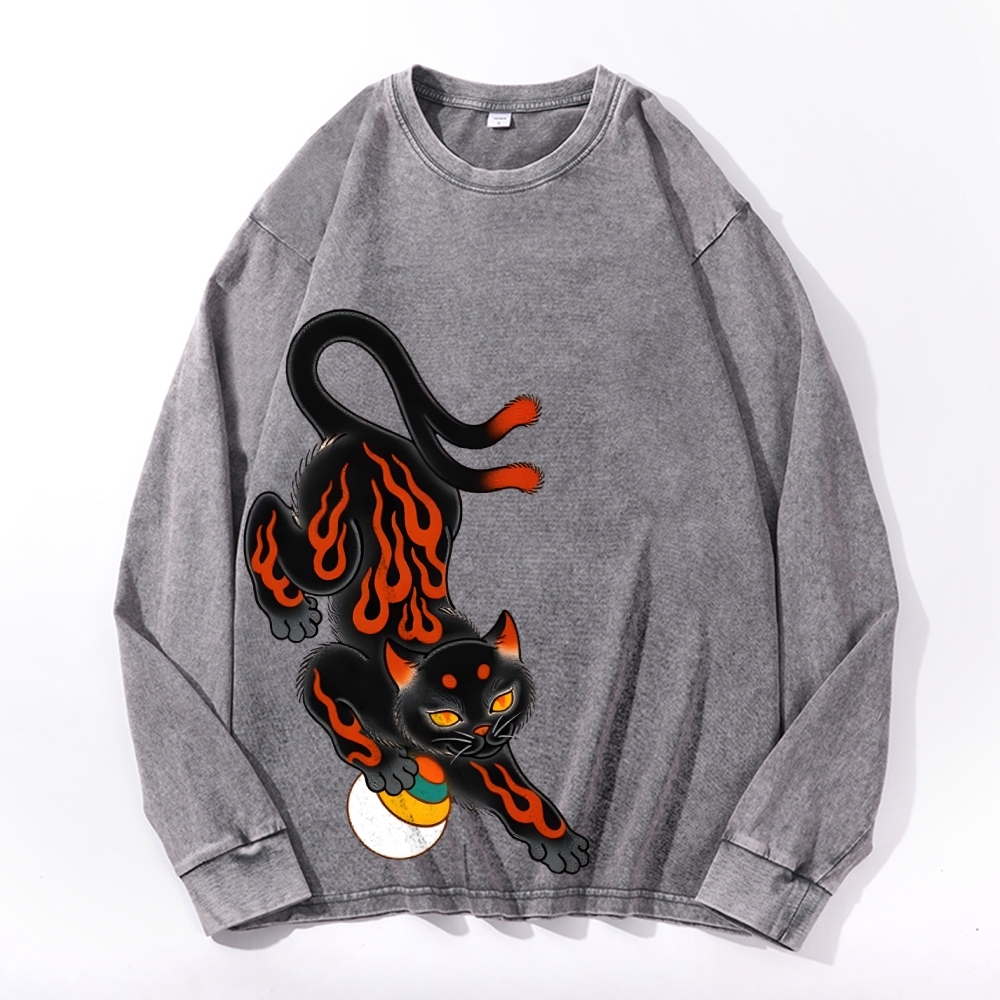 Two-tailed Cat Pattern Deep Washed Vintage Long Sleeves T-Shirt-moweekender
