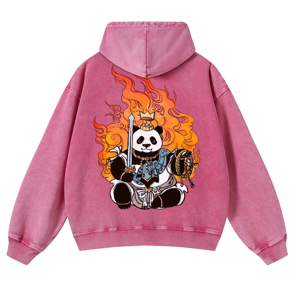 Panda King Pattern Printed Vintage Washed Hoodie-moweekender