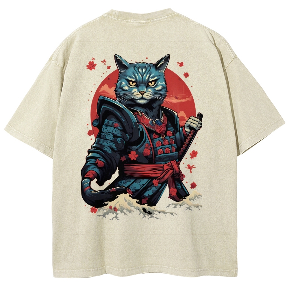 Japan Cat Warrior Washed Vintage Short Sleeves T-Shirt-moweekender