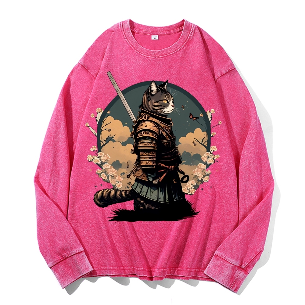 Japanese Armor Cat Deep Washed Vintage Long Sleeves T-Shirt-moweekender