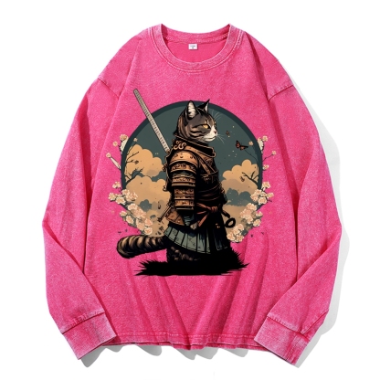 Japanese Armor Cat Deep Washed Vintage Long Sleeves T-Shirt-moweekender