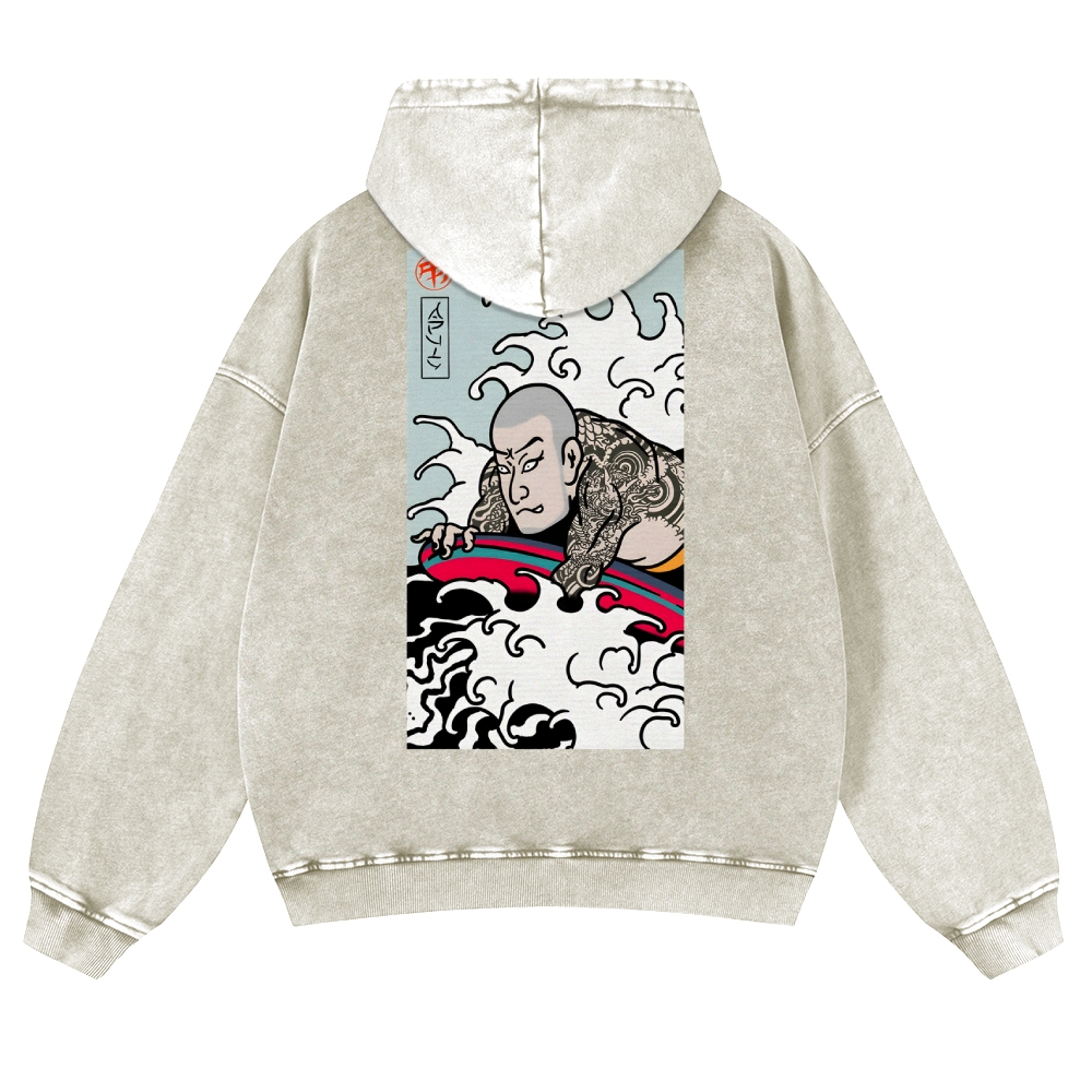 Japanese Surfing Ukiyoe Vintage Washed Hoodie-moweekender