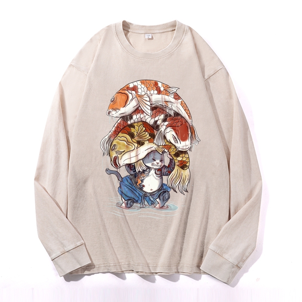 Fish Pressure Cat Deep Washed Vintage Long Sleeves T-Shirt-moweekender