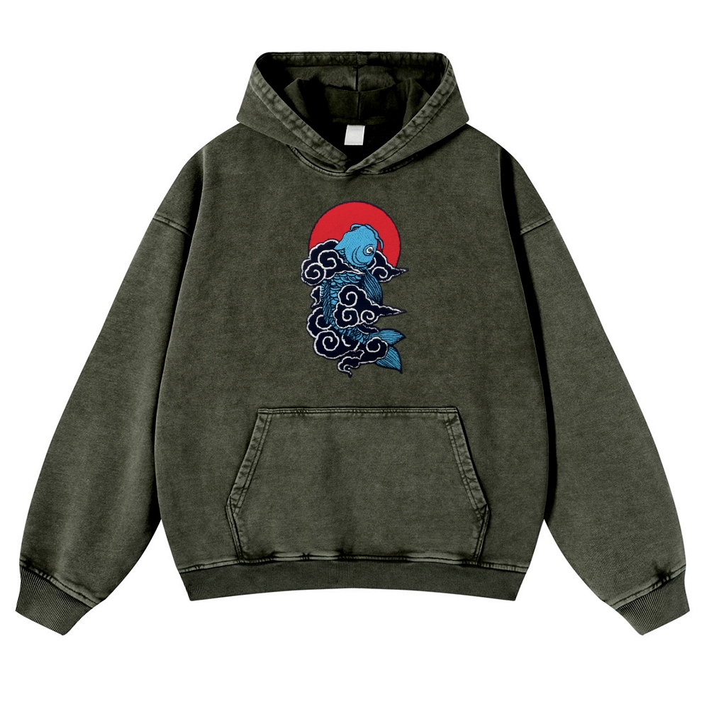 Cloud Carp Ukiyoe Pattern Vintage Washed Hoodie-moweekender