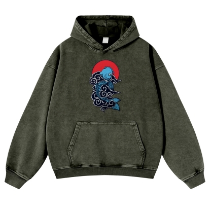 Cloud Carp Ukiyoe Pattern Vintage Washed Hoodie-moweekender