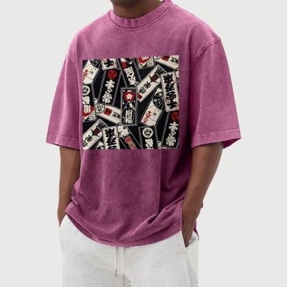 Japan Card Pattern Washed Vintage Short Sleeves T-Shirt-moweekender