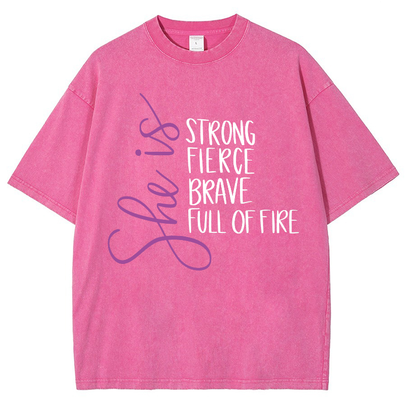 She Is Strong Fierce Brave Full Of Fire Vintage Snowflake Washed T-Shirt-moweekender