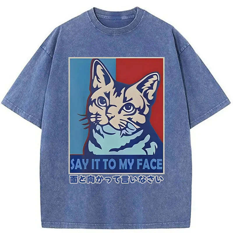 Say It To Cat Face Washed Vintage T-Shirt-moweekender
