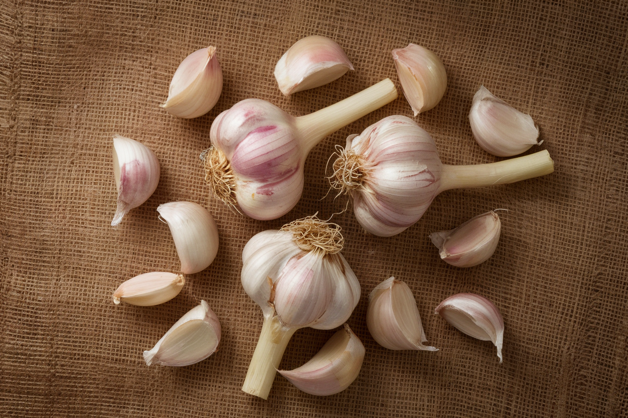 Organic German Extra Hardy garlic bulbs, ideal for enhancing soil quality and health