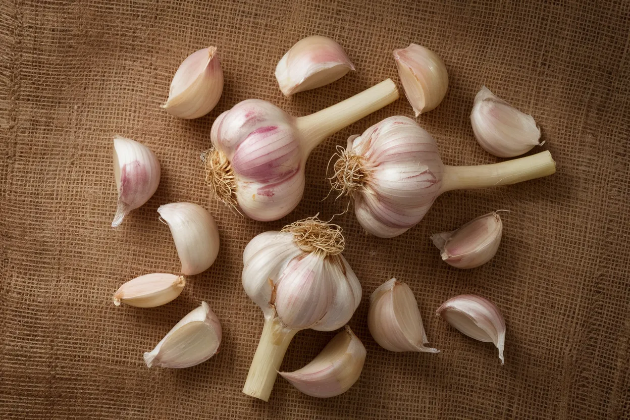 Organic German Extra Hardy garlic bulbs, ideal for enhancing soil quality and health