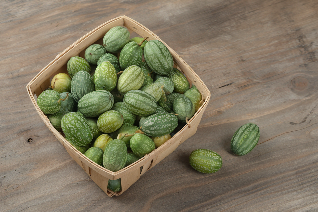 Organic Mexican Sour Gherkin cucumber seeds, ideal for urban gardening and small spaces.