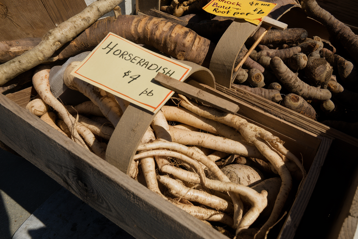Organic horseradish roots, perfect for adding a robust flavor to dishes