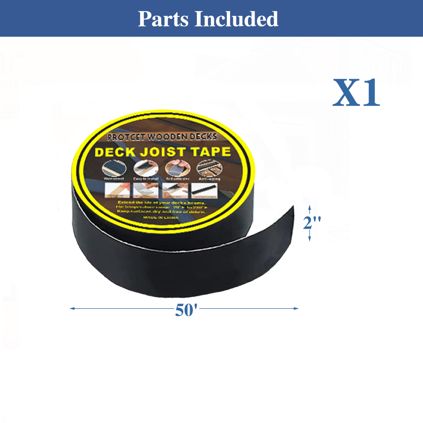 Emayuu Deck Joist Tape for Decking 2" x 50' – 1 Roll Waterproof Butyl Joist Flashing Tape for Deck Beams, Joists. Self-Adhesive, UV Resistant, Anti-Rot, 2” Wide Deck Tape DE04