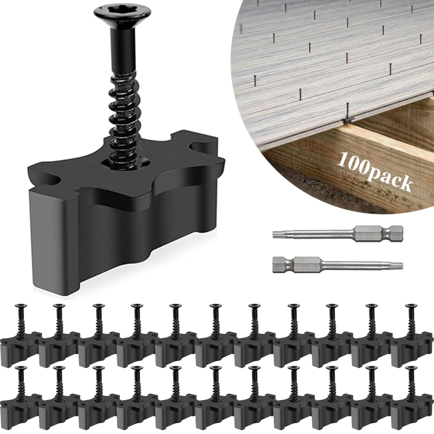 Emayuu 100 PCS Hidden Deck Fasteners for Composite Decking Board,Composite Deck Clips & Plastic Hidden Fasteners with Metal Screws & 2pcs torx bits,Universal Plastic Clips for Deck Boards DE06-Emayuu