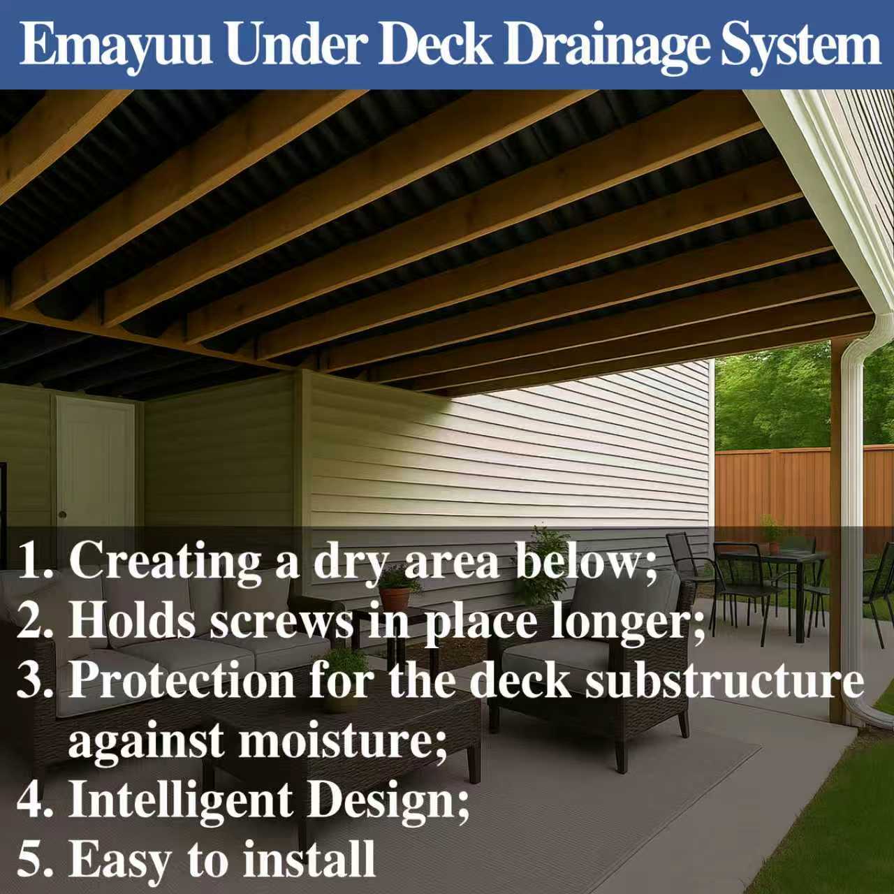 Emayuu 1PCS 50FT Black Waterproofing Membrane Black for Under Deck Drainage System, HDPE Deck Membrane Use for 12" Joist Spacing DE02