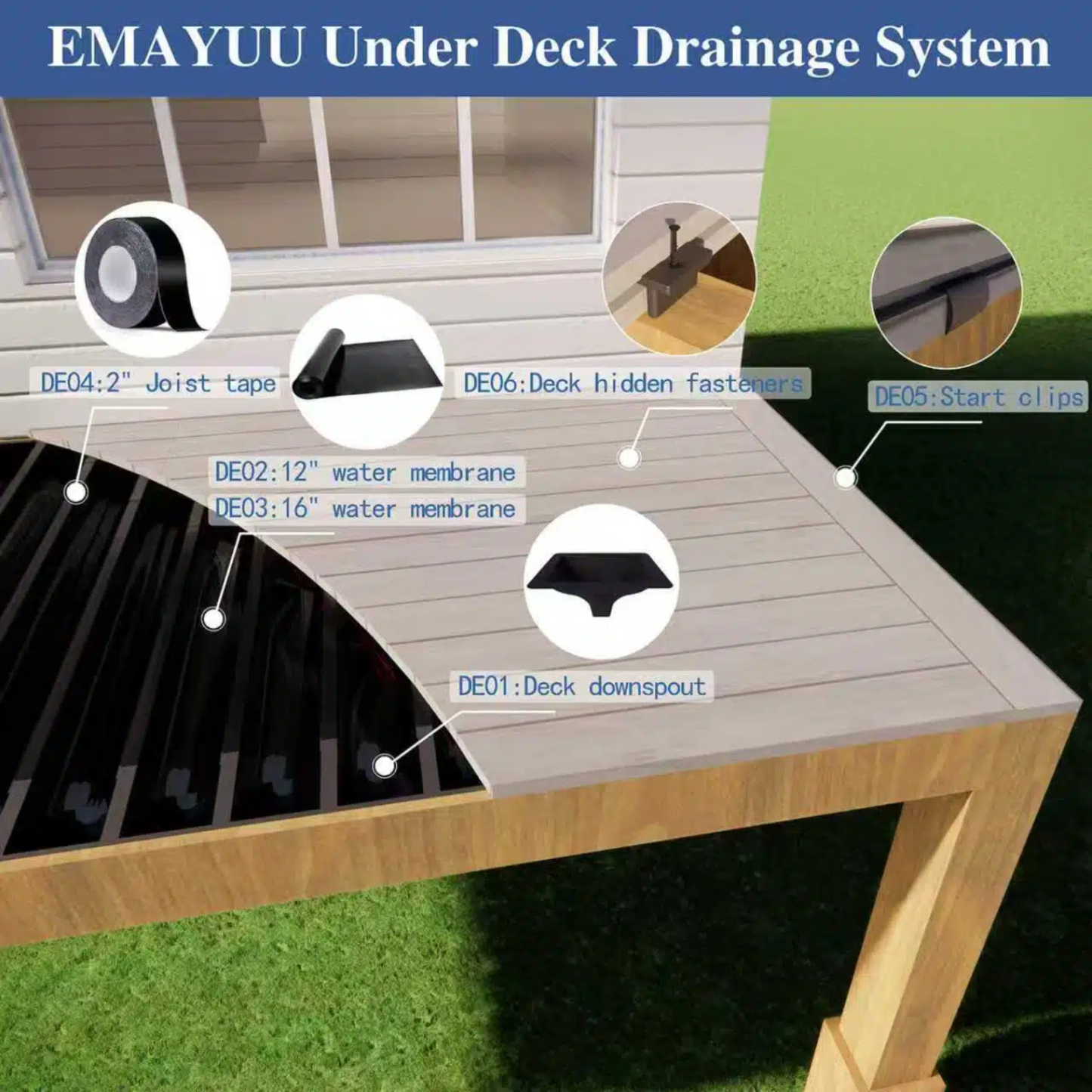 Emayuu Deck Joist Tape for Decking 2" x 50' – 1 Roll Waterproof Butyl Joist Flashing Tape for Deck Beams, Joists. Self-Adhesive, UV Resistant, Anti-Rot, 2” Wide Deck Tape DE04