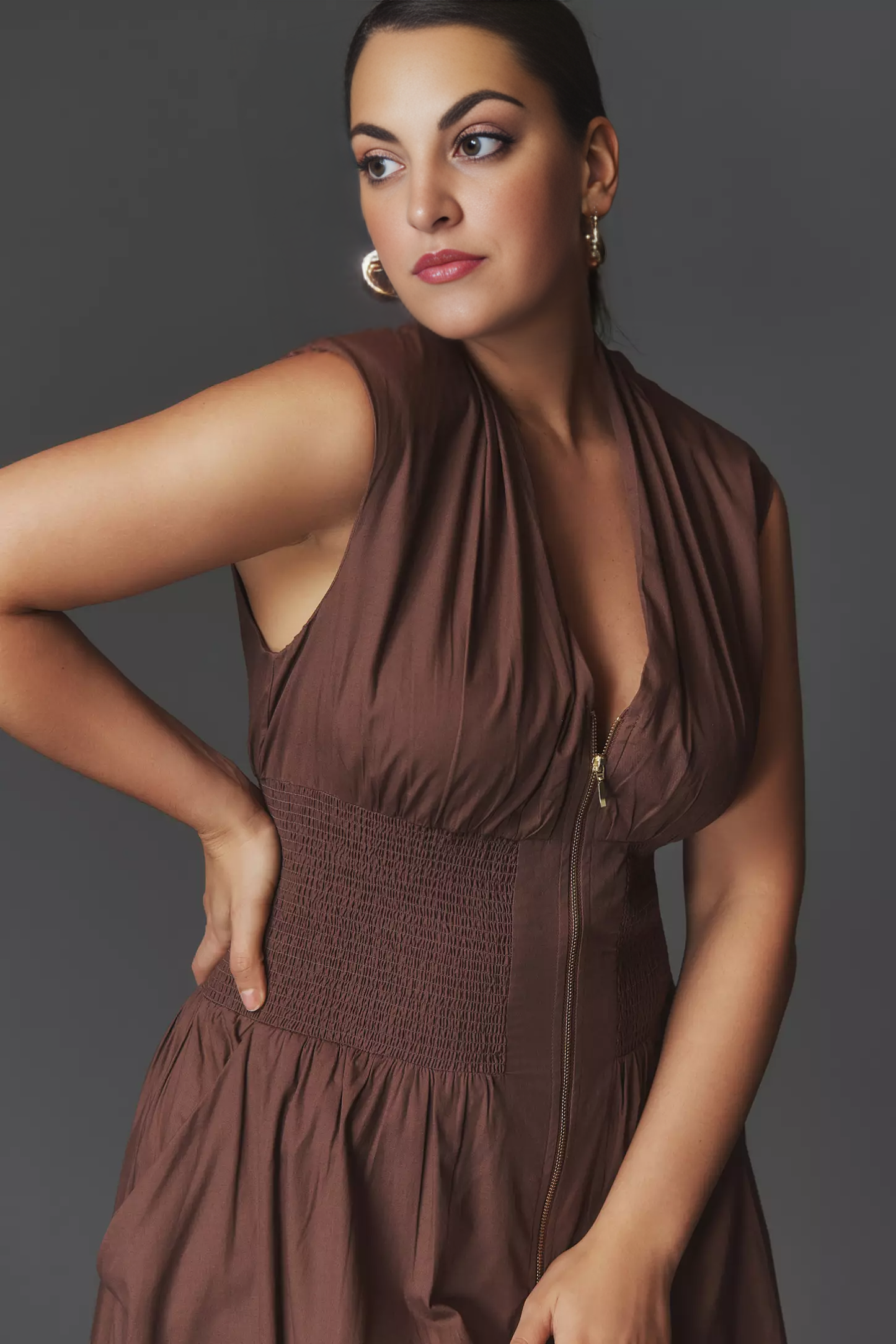 Cap-Sleeve Smocked Front-Zip Shirt Dress(BUY 2 FREE SHIPPING)