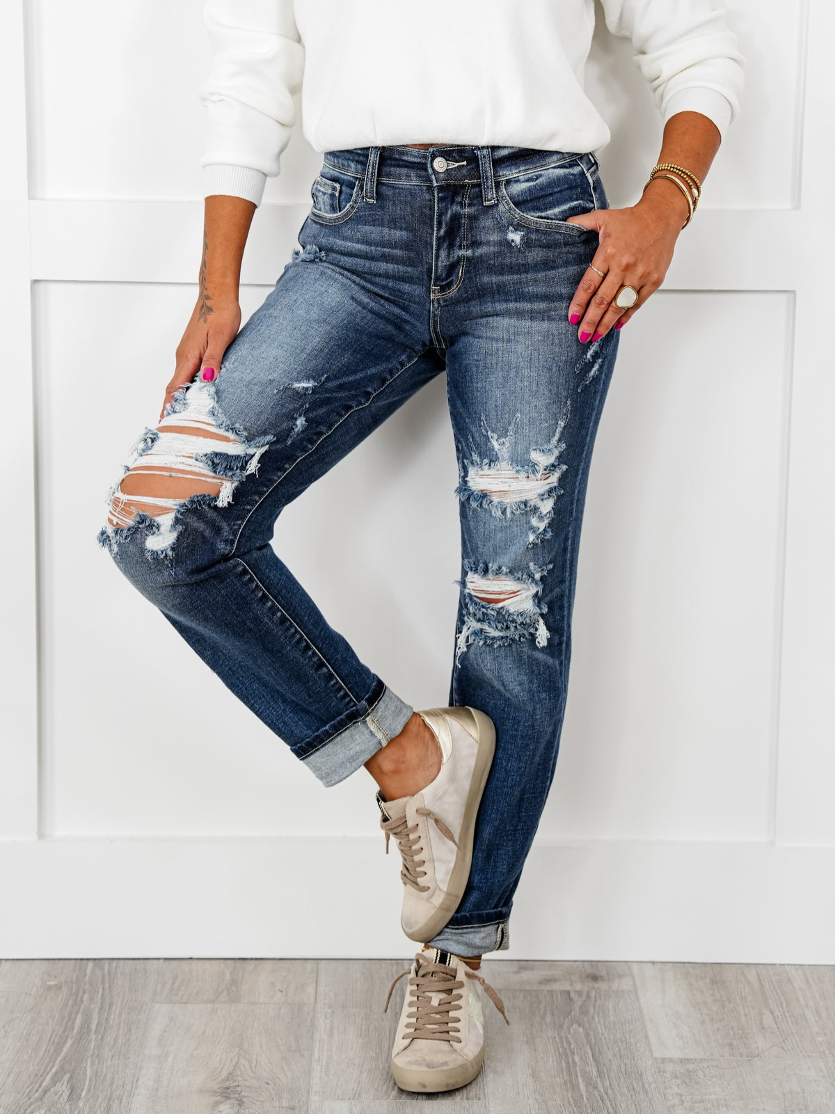 Tummy Control Distressed Cuffed Boyfriend Jeans (Buy 2 Free Shipping)