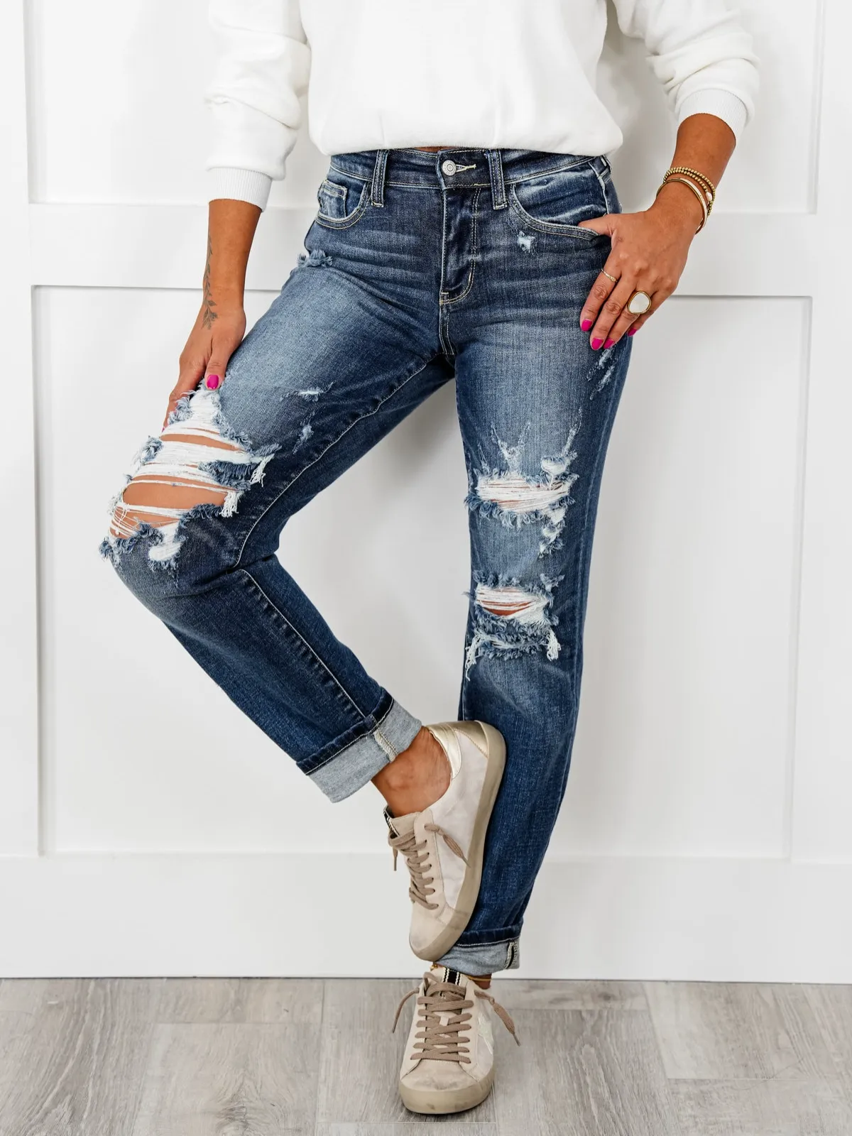 Tummy Control Distressed Cuffed Boyfriend Jeans (Buy 2 Free Shipping)
