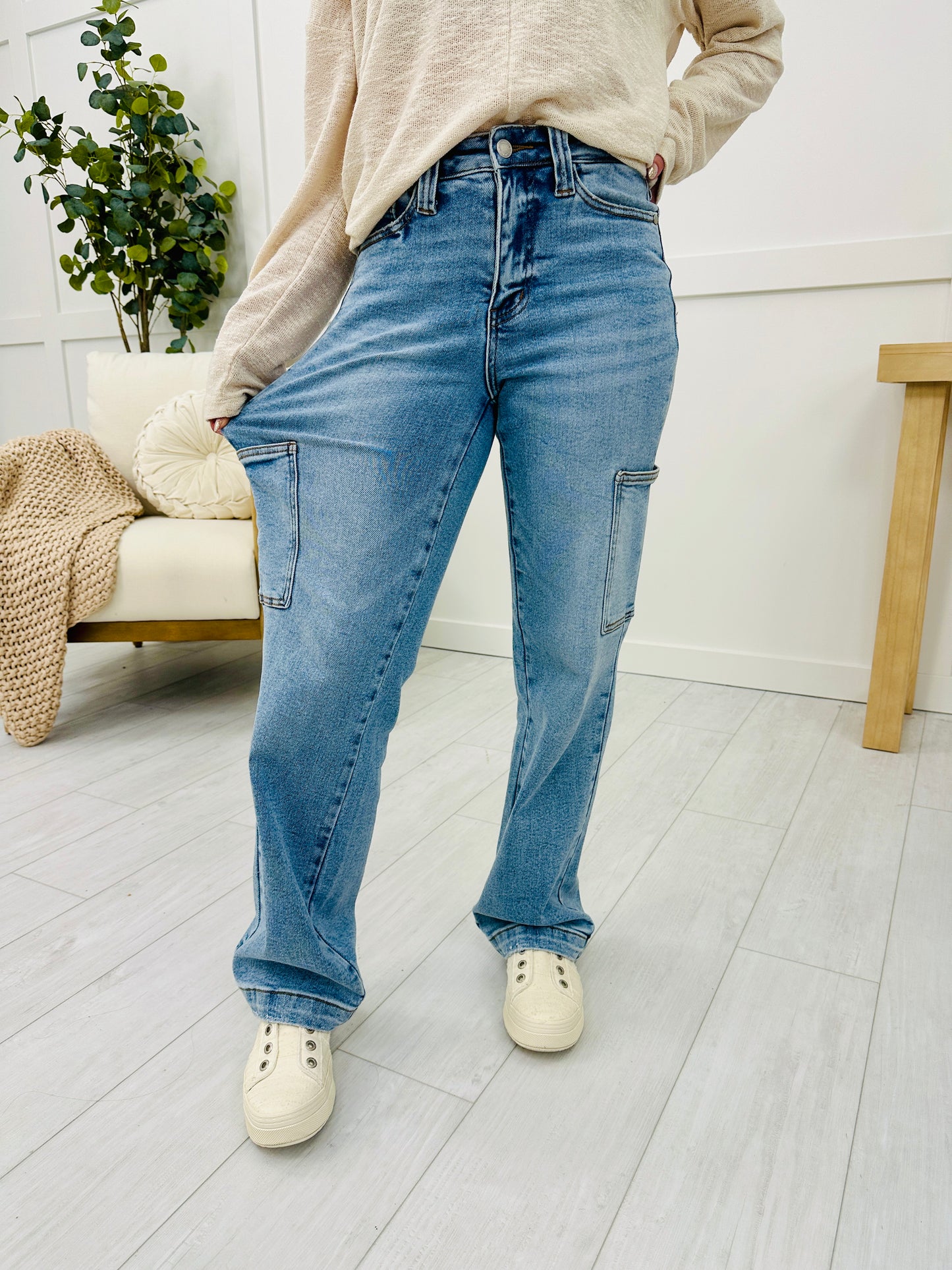 Leila High Rise Tummy Control Cargo Straight Jeans (Buy 2 Free Shipping)
