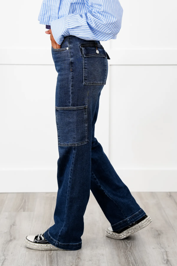 Leila High Rise Tummy Control Cargo Straight Jeans (Buy 2 Free Shipping)