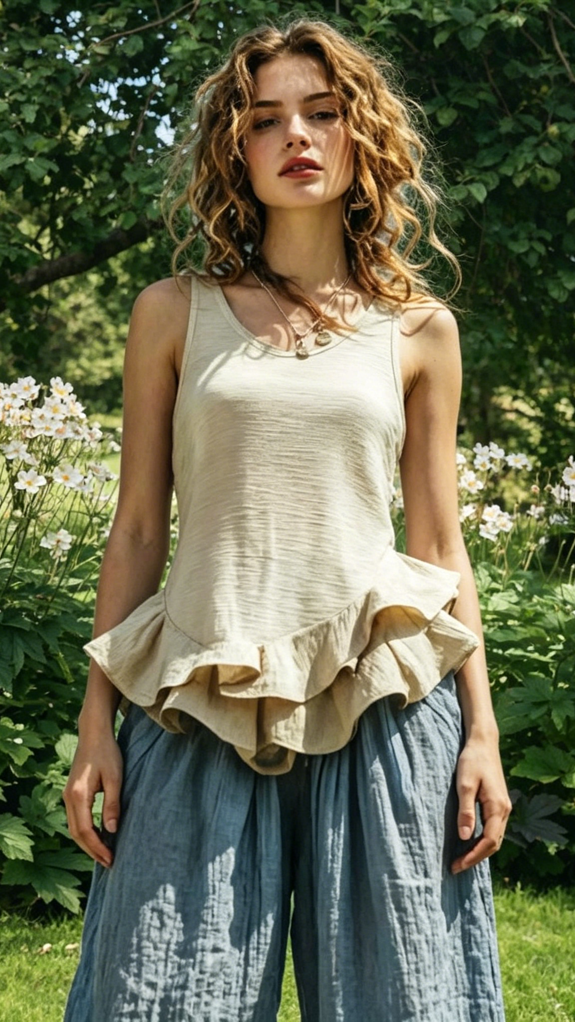 Women's Cotton-Linen Ruffle Sleeveless Vest Top