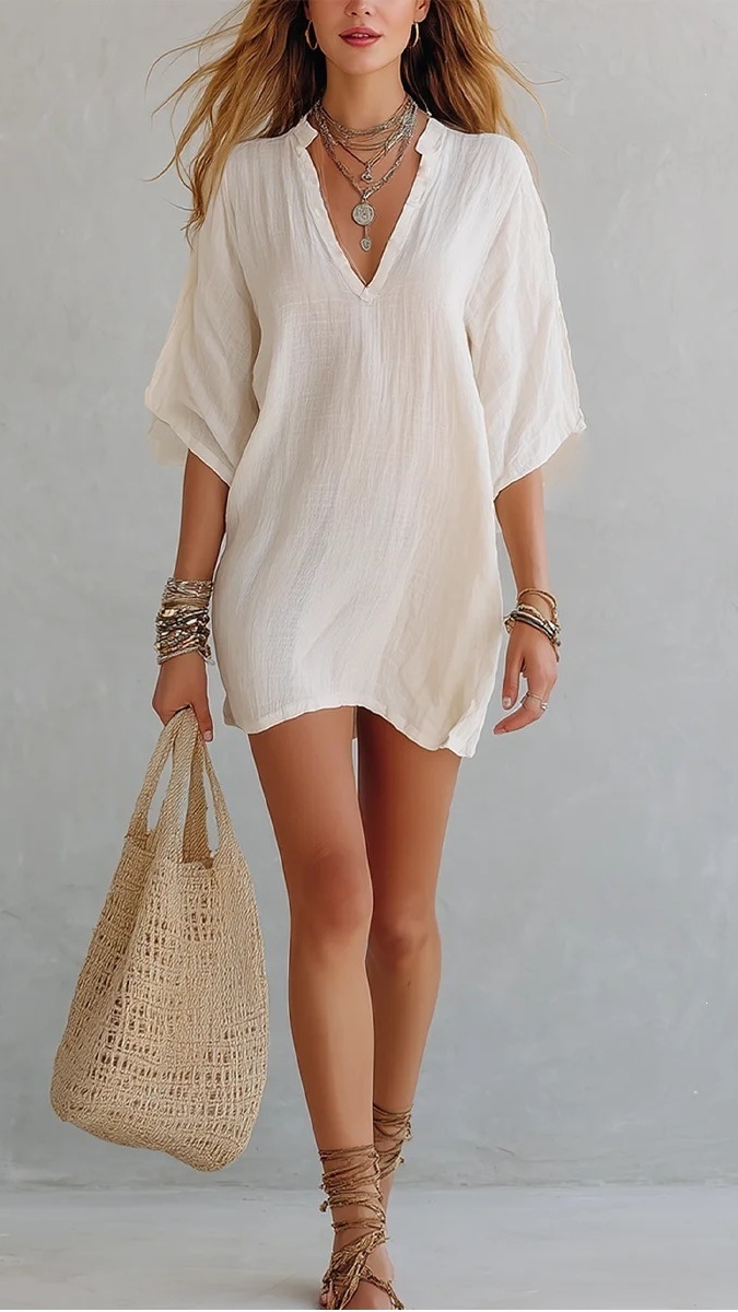 Women's V-Neck Loose Solid Color T-shirt Vacation Style Top