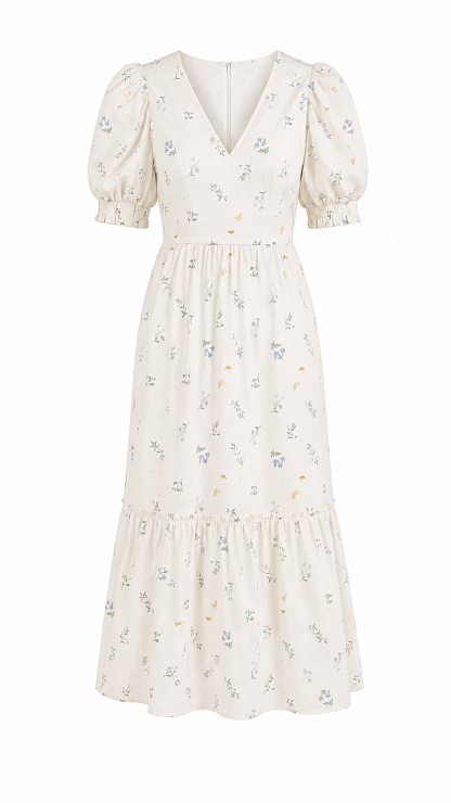 Mouchica V Neck Puff Sleeve Tiered Midi Dress Women Vintage Summer Vacation Floral Striped Dress