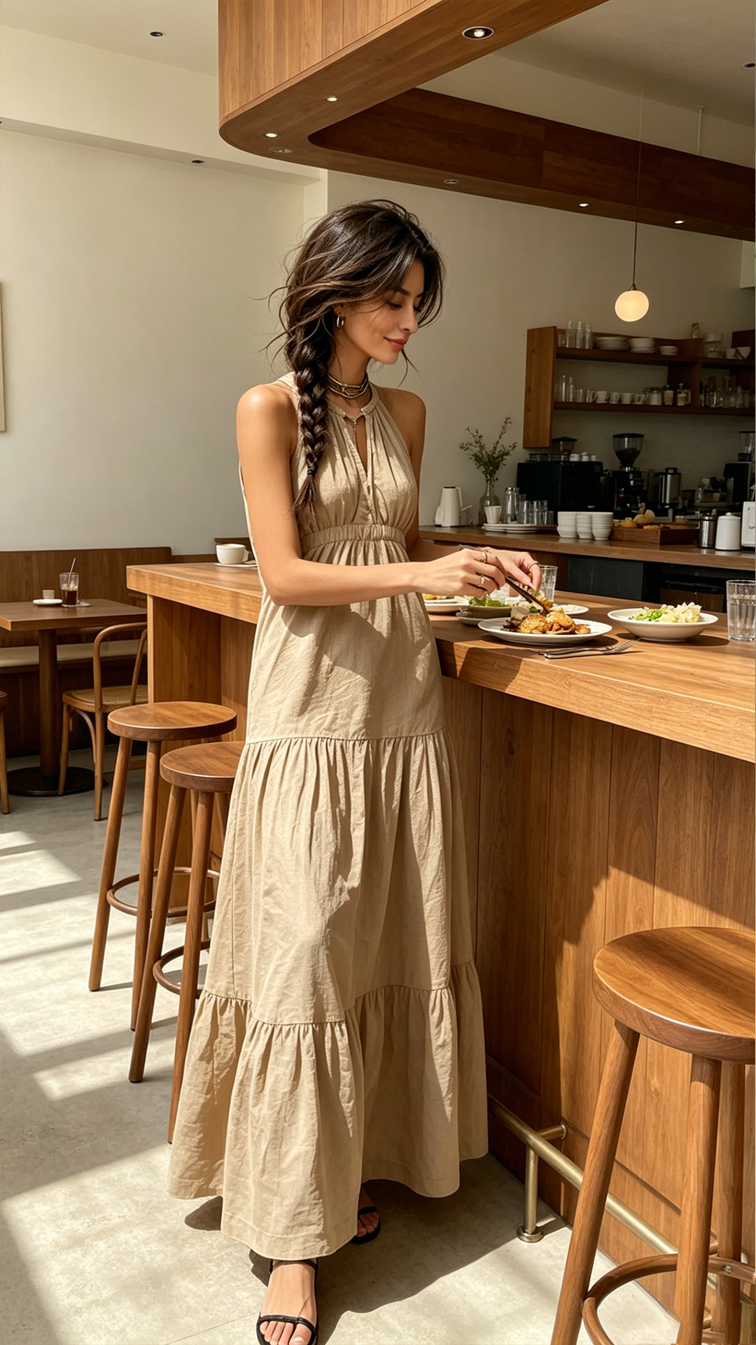 Women's Khaki Halter Waisted Tiered Maxi Dress