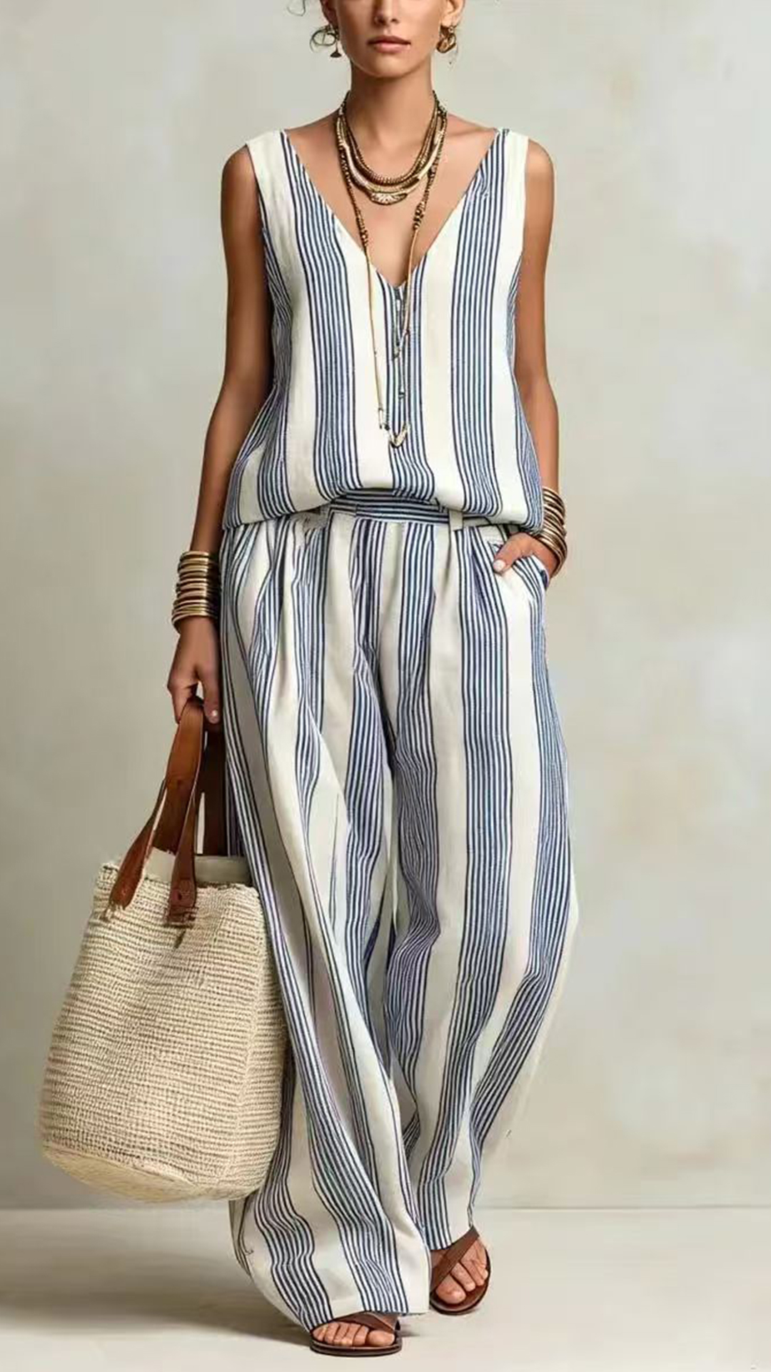 Women's Cotton-Blend Blue and White Vertical Striped Loose Sleeveless Set