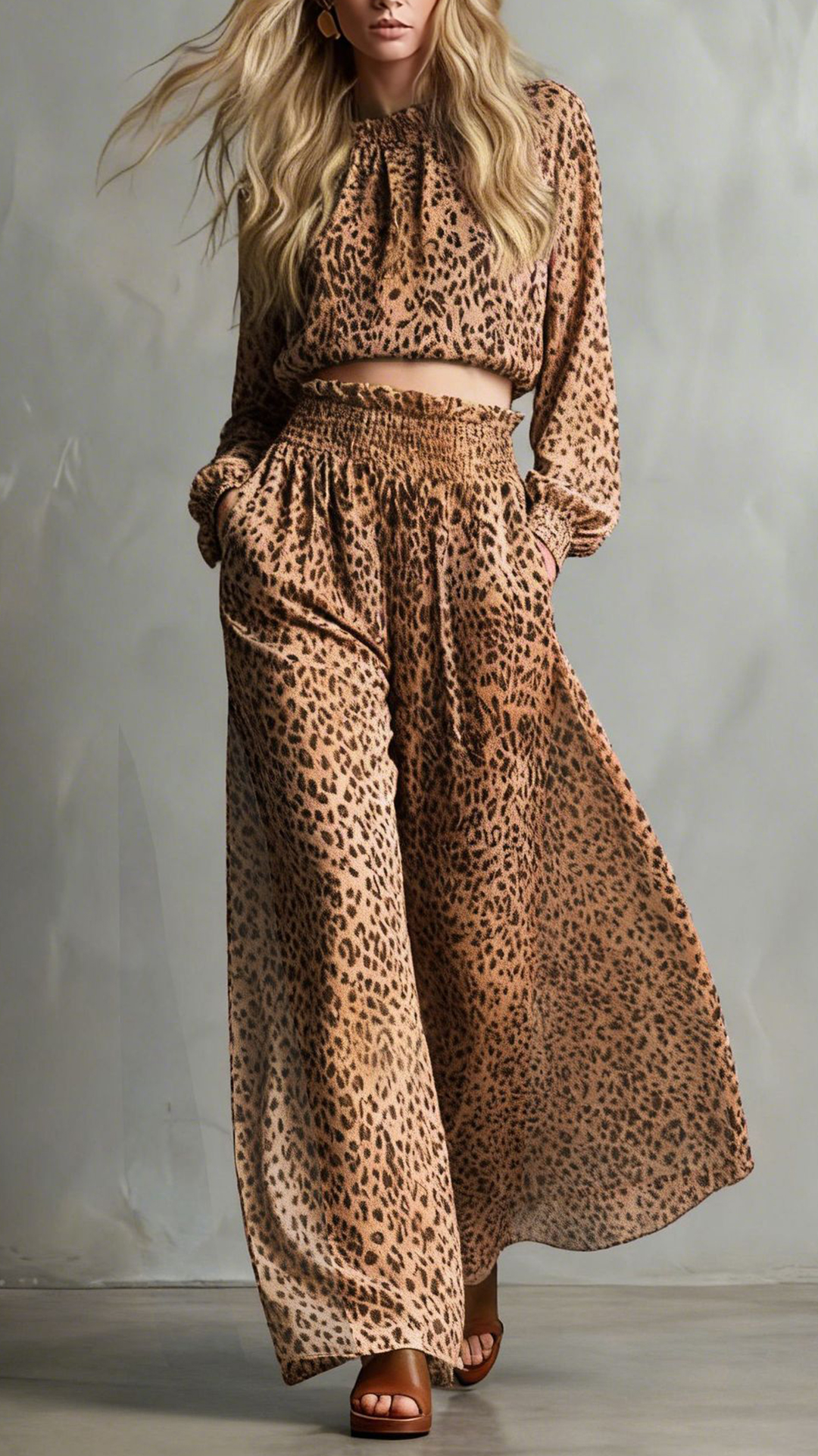 Women's Cotton-Blend Leopard Print Cropped Top & Wide-Leg Pants Set