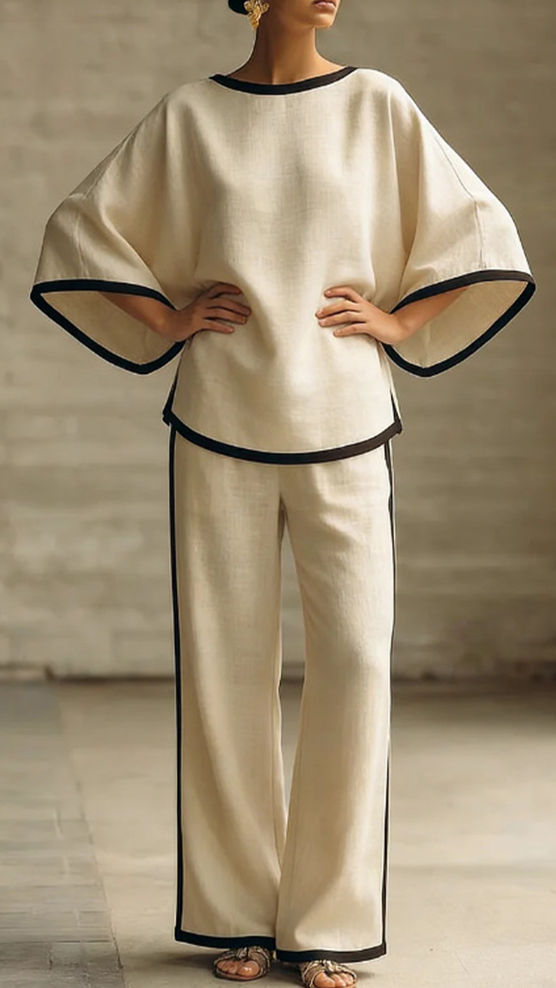 Women's Cotton-Blend Off-White Trimmed Loose Top & Wide-Leg Pants Set