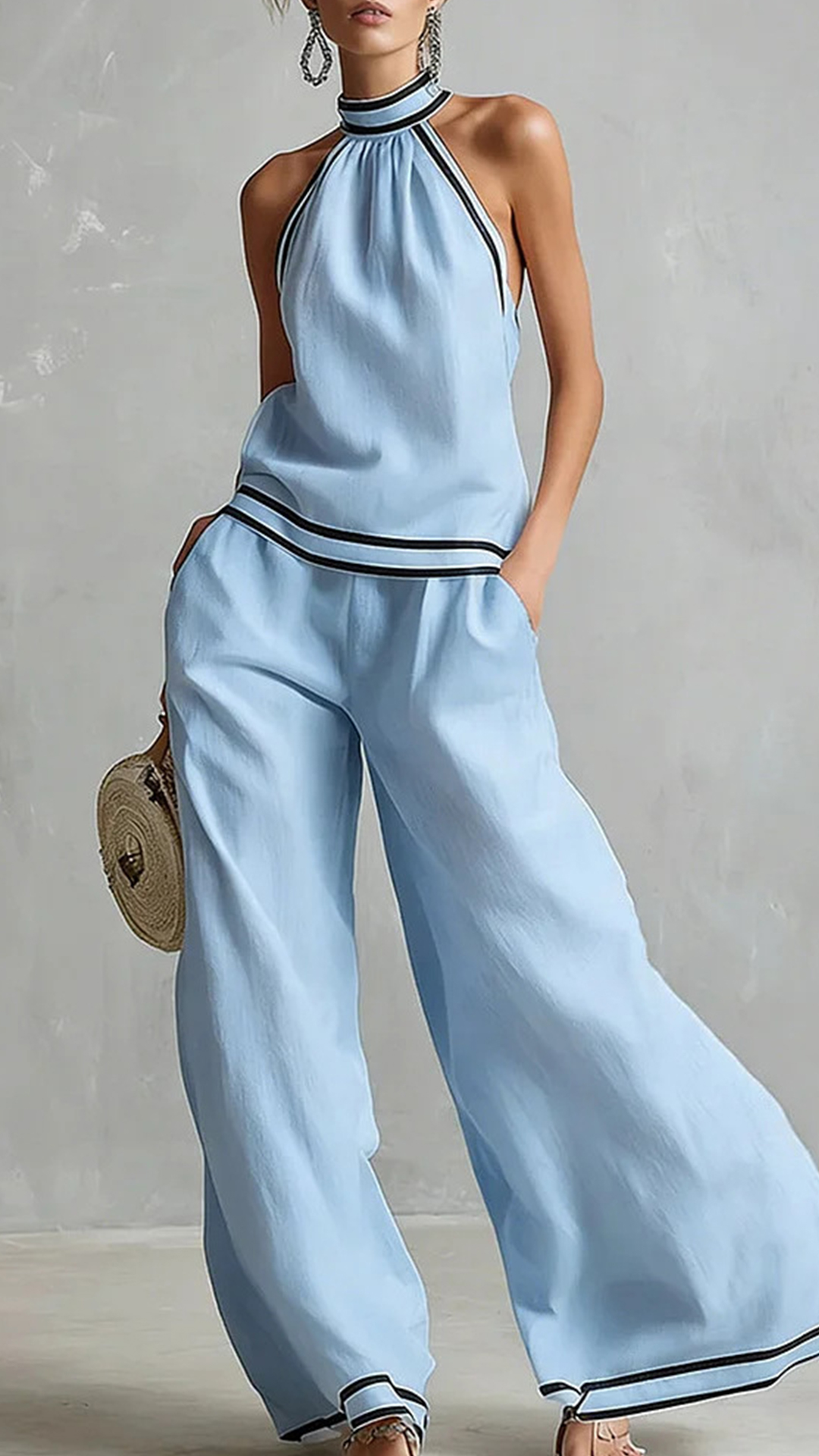 Women's Cotton-Blend Light Blue Halter Contrast Trim Wide-Leg Pants Set