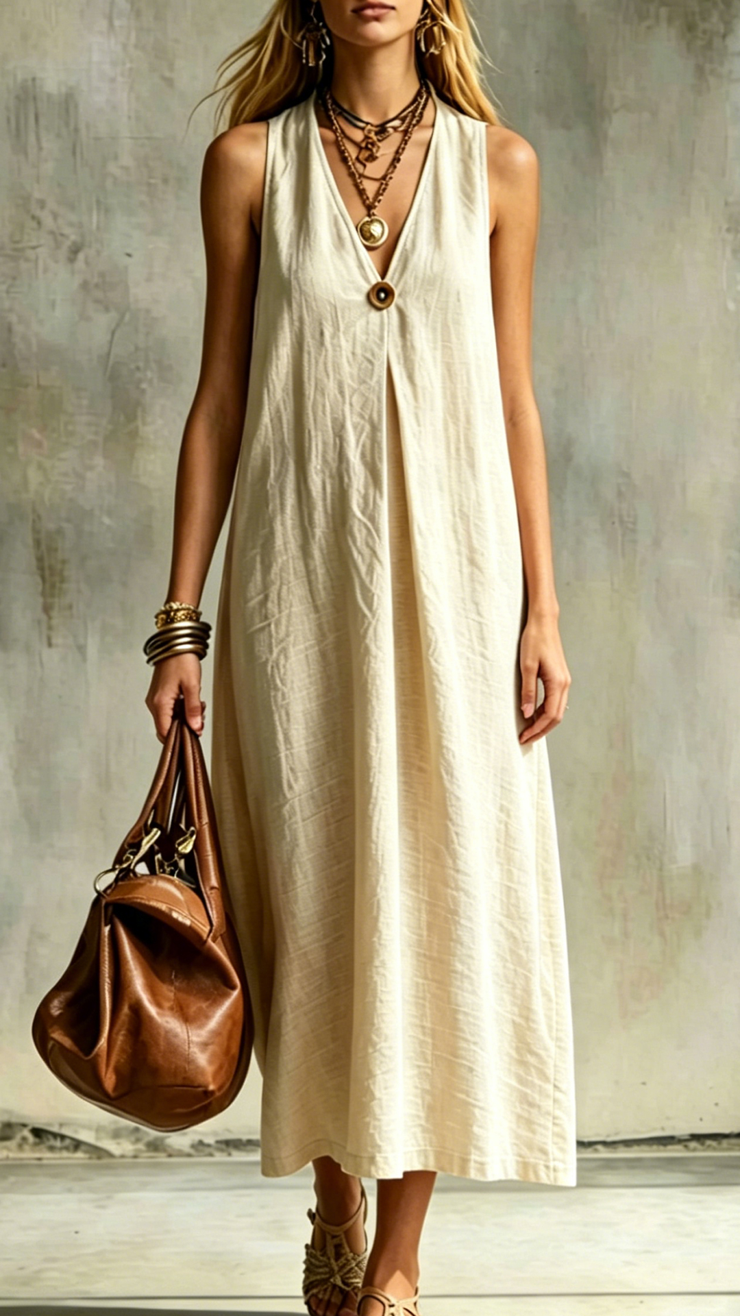 Women's Cotton-Blend V-Neck Loose Sleeveless Dress